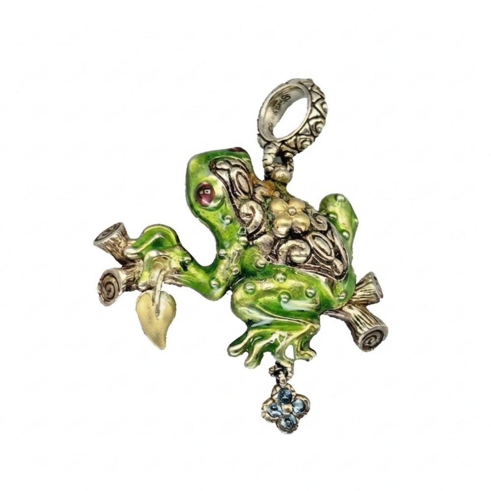 Barbara Bixby 925 18K Gold Multi Gemstone Frog Branch Animal Enhancer Pendant